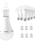 Emergency Rechargeable Light Bulbs Six Pack For Power Outages A21 9W shown with hanging hook and adapters