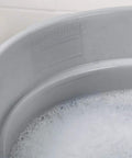 Close-up of Heavy Duty 14 Quart Gray Round Pail For Pro Cleaning With Printed Measurement Lines and Solid Grip Bail.
