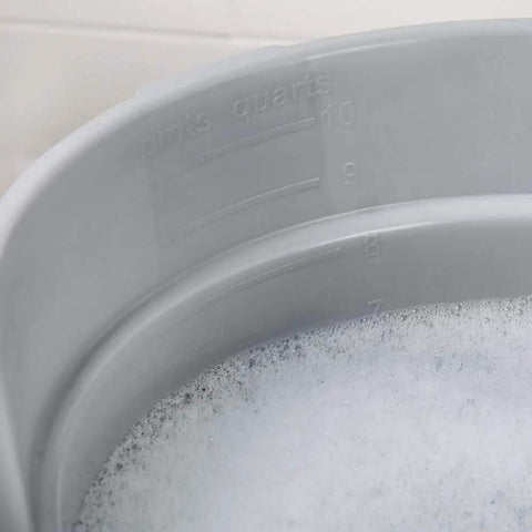 Close-up of Heavy Duty 14 Quart Gray Round Pail For Pro Cleaning With Printed Measurement Lines and Solid Grip Bail.