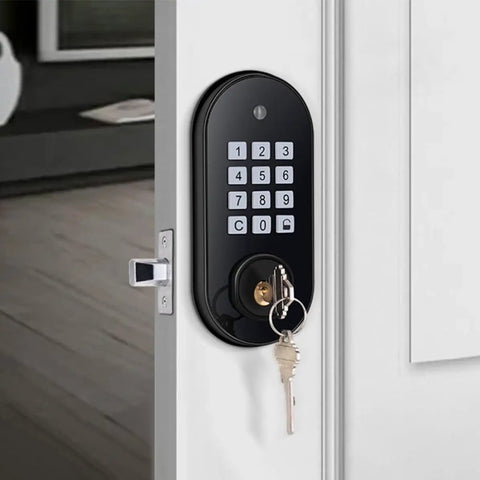 Built Tough Security Meets No Sweat Convenience With This Sleek Black Keypad Deadbolt Electronic Door Lock on a white door.