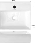 Rectangular Ceramic Vessel Sink For Bathroom Wall Mounted With Pop Up Drain Above Counter Upgrade Your Vanity With Modern Kaolin Ceramic Thick Glazed Surface No Install Kit Included, front and side view with dimensions.