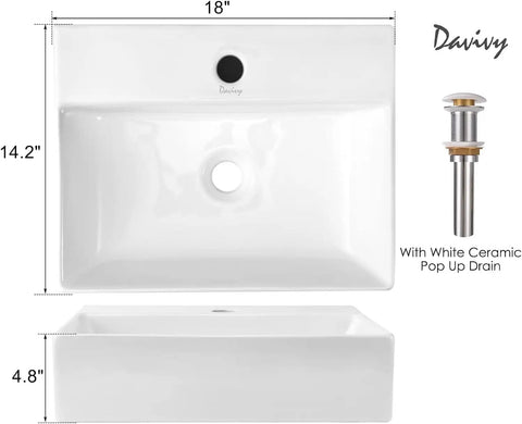 Rectangular Ceramic Vessel Sink For Bathroom Wall Mounted With Pop Up Drain Above Counter Upgrade Your Vanity With Modern Kaolin Ceramic Thick Glazed Surface No Install Kit Included, front and side view with dimensions.