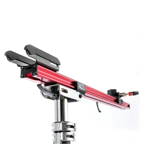 Sprint Bike Repair Stand With Tripod Base And Dropout Style Mount in red, showing detailed close-up of mount support mechanism