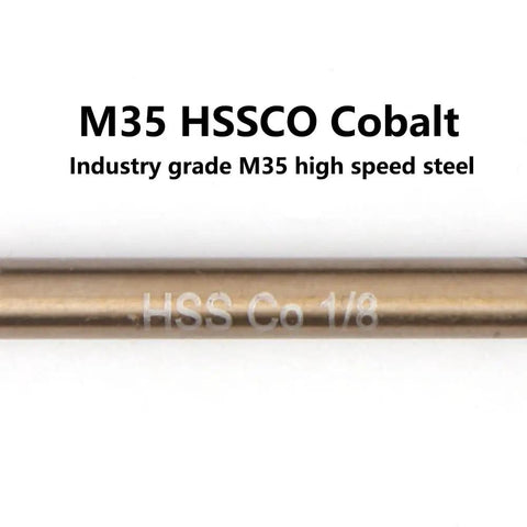M35 HSSCO cobalt 1/8 inch drill bit shown close-up, part of One Eighth Inch Cobalt Drill Bit Set 20 Piece Pro Grade M35 HSS.