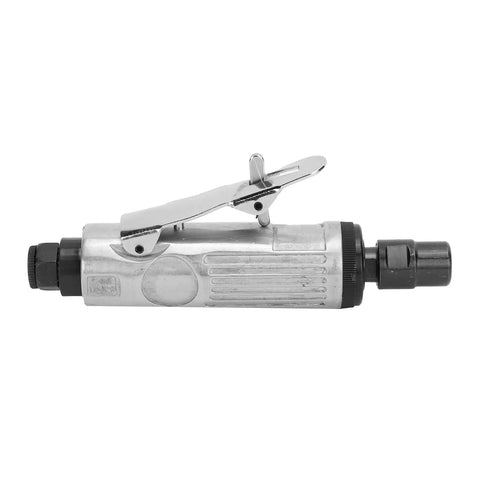 Real Deal Heavy Duty Air Die Grinder With Adjustable Speed Regulator 1/4 Inch Arbor showing side view of sturdy metal body and adjustable airflow.