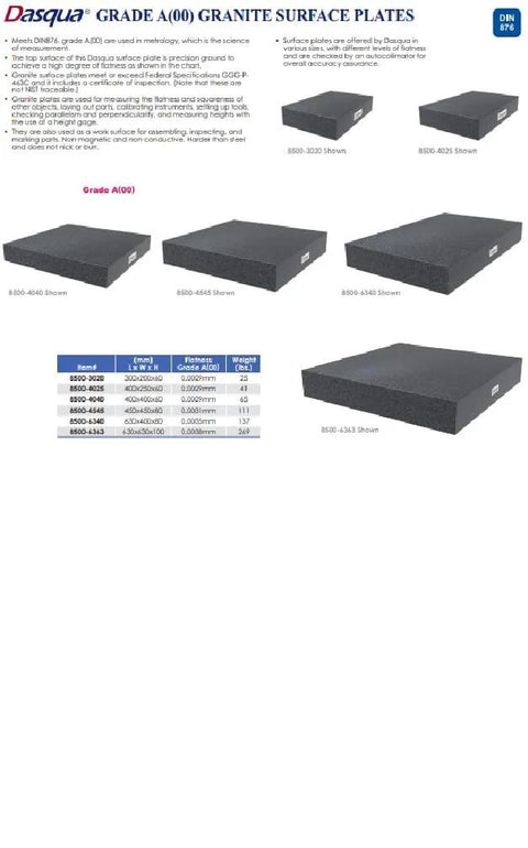 Dasqua Grade A granite surface plates; several black granite blocks in multiple sizes, including 400x250x60 mm.