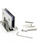 Heavy Duty Stainless Steel Frameless Glass Shower Door Hinge with installation screws and tools on a white background.