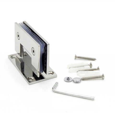Heavy Duty Stainless Steel Frameless Glass Shower Door Hinge with installation screws and tools on a white background.