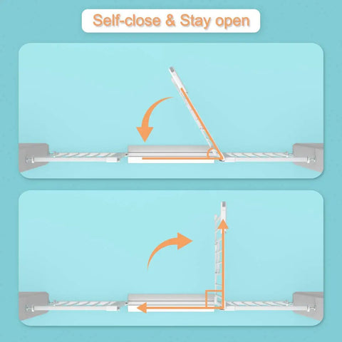 Diagrams showing self-close and stay-open features of Adjustable Walk Through Baby Gate With Cat Door And Small Pet Door, Tension Mounted No Drill, Pressure Gate Fits 26.8 To 29.5 Inches Wide, Keeps Toddlers Safe While Pets Roam Freely.