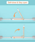 Illustration showing the self-close and stay open feature of Extra Wide Baby Gate With Cat Door Walk Through Small Pet Door Safety Gate.
