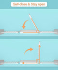 Diagram showing self-close and stay open features of Extra Wide Baby Gate With Cat Door Walk Through Safety Gate For Stairs And Kitchen.