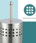 Slick Brushed Metal Toilet Plunger With Spill Proof Canister And Wall Mount Holder For Bathroom Corner Storage featuring ventilation holes.