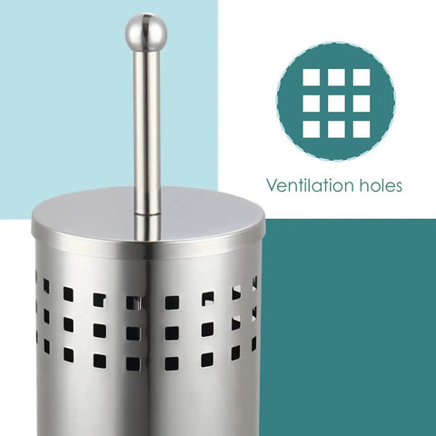 Slick Brushed Metal Toilet Plunger With Spill Proof Canister And Wall Mount Holder For Bathroom Corner Storage featuring ventilation holes.