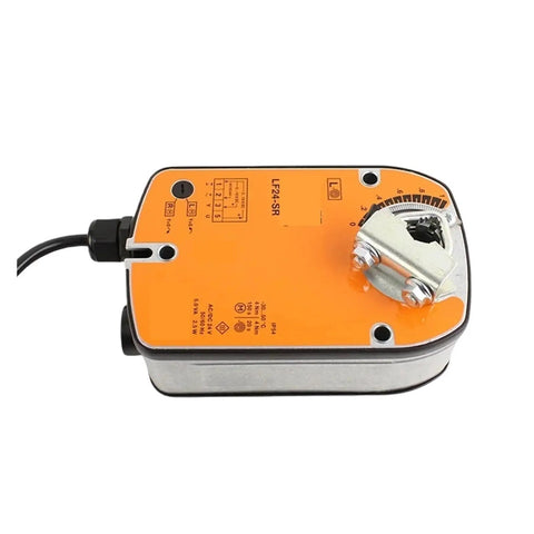 Heavy Duty 24 Volt Rotary Actuator Featuring A Fail Safe Shut Off For Hvac Ventilation Drives With 4 Nm Torque top view, orange casing.
