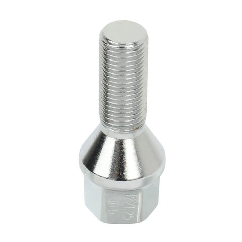 12x1.25 Wheel Lug Nuts Set, 28mm Shank, showing a single silver steel lug bolt, 17mm hex, for Jeep and Chrysler models.
