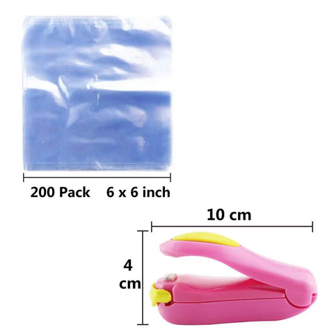 200 Pack 6x6 Inch Shrink Wrap Bags With Mini Heat Sealer for packaging soaps and crafts, clear blue bags and pink sealer.