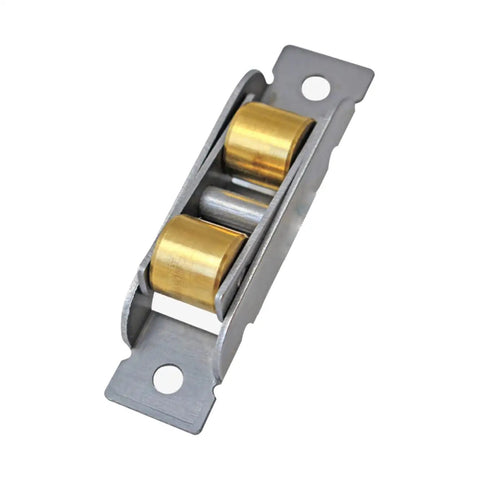 3 Pack Double Roller Window Sliding Door Pulley Wheel 16 mm Brass Replacement Hardware To Squash Stiff Tracks And Bring You A Ridiculously Smooth Glide Experience - close-up view of brass pulley with silver tone frame.
