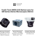 0.5x Barlow Lens For SM Series Stereo Microscopes 48mm Mount, Doubles Working Distance And Field Of View, Ideal Upgrade For SM And SW Microscopes, Delivers Clear Pro Grade Viewing And A Slick Setup. 48mm mount, black lens.