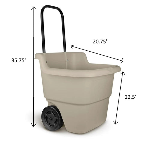 Side view of 15 Gallon Resin Rolling Lawn And Utility Cart With Retractable Handle And 7 Inch Wheels, showing dimensions