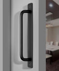 2 Pack Aluminum Alloy Sliding Barn Door Handles With Mounting Plates Black Finish 8.5 Inch Total Length 192 Mm Hole Center installed view