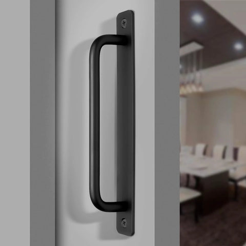 2 Pack Aluminum Alloy Sliding Barn Door Handles With Mounting Plates Black Finish 8.5 Inch Total Length 192 Mm Hole Center installed view