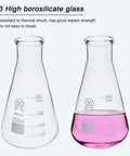 Three Piece Erlenmeyer Flask Set With Flat Bottom Borosilicate Glass And Graduated Markings 250ml with pink liquid and empty flask