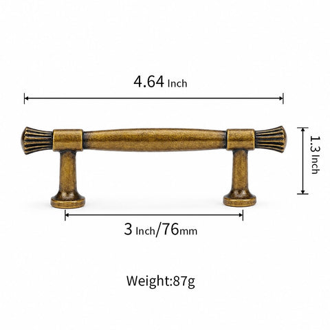 Antique Brass Kitchen Cabinet Pulls Set Of 6, 3 Inch Center To Center Solid Zinc Alloy Vintage Dresser Drawer Handles shown with dimensions