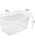 No Sweat Storage Tote Featuring A Crystal Clear Body And A Secure Latching Top Crafted From Heavy Duty Plastic For Zero Fuss Closets And Streamlined Bedroom Systems 29 3/8" L x 18" W x 13 5/8" H.