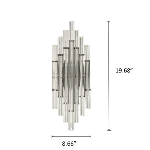 Front view of Mid Century Wall Sconce Lighting With Glass Rods Modern Crystal Vanity Light Black Metal Frame Two Light Bath Bedside Fixture.
