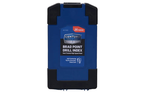 Blue case of 25 Pc HSS Brad Point Drill Bit Set For Woodworking Pro Grade Bits For Heavy Duty Clean Holes In Furniture, Cabinetry, Doweling.