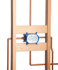 GrohFlex Universal Rough In Box with 1/2 inch inlets and outlets, mounted on a wooden frame with copper pipes