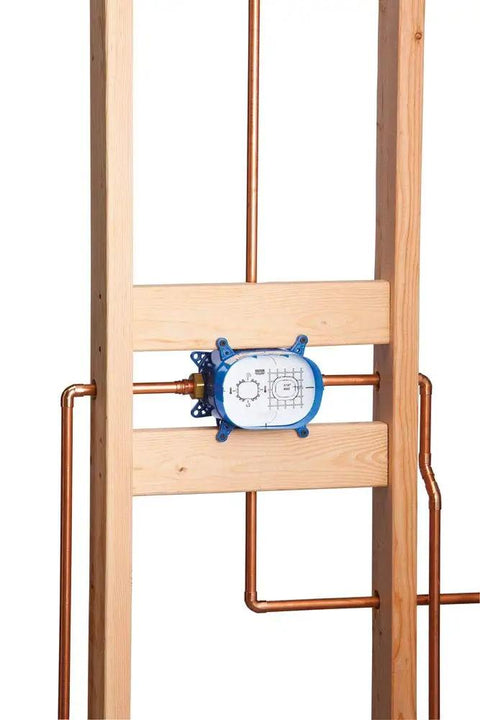 GrohFlex Universal Rough In Box with 1/2 inch inlets and outlets, mounted on a wooden frame with copper pipes