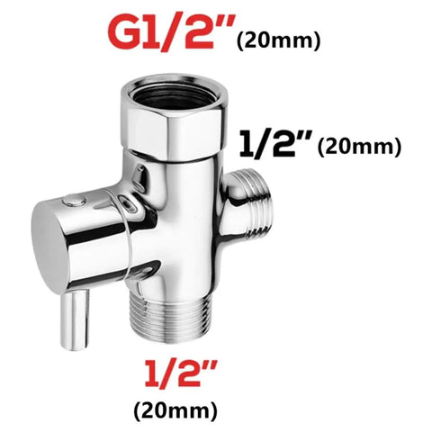 Upgrade Your Bath Game With This Legit 3 Way Shower Diverter Valve Featuring Slick Multi Layer Plating To Resist Scratches While Effortlessly Splitting Water Flow Between Tub And Shower Heads For A Seamless Setup chrome three-way diverter valve with G1/2" and 1/2" connections and sleek design