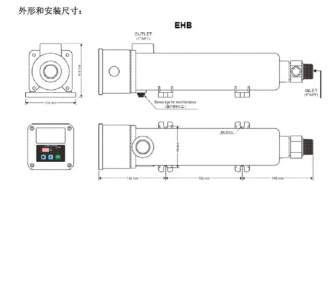Technical diagram of Ehc1050 water jacket heater, showcasing dimensions, inlet, outlet, and control panel for diesel engine warming.