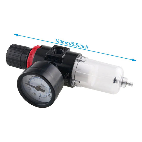 Air Pressure Regulator With Mini Inline Filter And Oil Water Trap For Airbrush And Micro Compressors Includes Pressure Gauge And Moisture Separator G1/8 To G1/4 Adapters Essential Compressor Accessories showing 140mm/5.51inch dimension