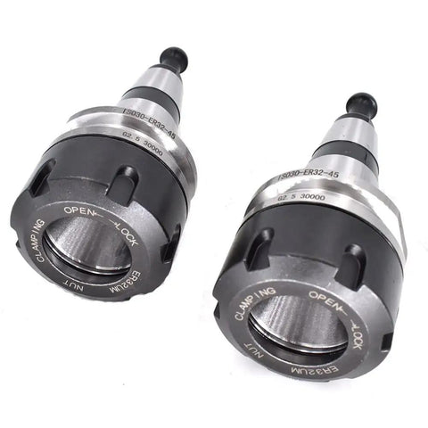 High Performance Iso30 Er32 Collet Chuck With 45L Taper And Pull Stud, precision CNC tool holder, black and silver finish.