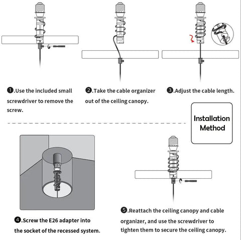 Installation guide for Kiven Instant Light Conversion Kit for 4/5/6inch Hole showing steps for E26 adapter setup.