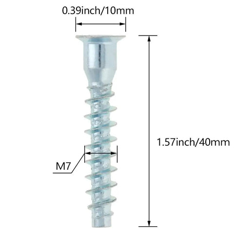 7x40mm Furniture Confirmat Screws Self Drilling Carbon Steel Zinc Plated Inner Hex Socket Hex Head with dimensions displayed
