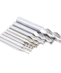 Angled side view of a set of eight HSS 4-flute straight end mills in sizes 1/16–1/2 in.