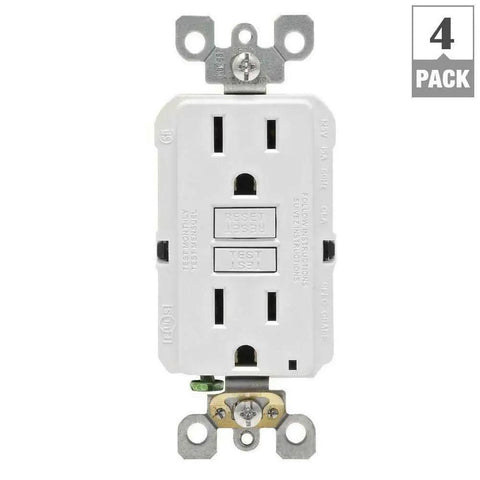 15 Amp 125 Volt Duplex Self Test Slim GFCI Outlet White 4 Pack No Fuss Self Test On Power Up In Under 3 Seconds And Crystal Clear Status Indicator Light For Easy Power And Protection Monitoring, front view