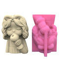 Girl Flower Pot Mold Silicone Planter And Candle Holder For Concrete And Epoxy Resin Craft shown in pink silicone with design details.