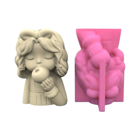 Girl Flower Pot Mold Silicone Planter And Candle Holder For Concrete And Epoxy Resin Craft shown in pink silicone with design details.
