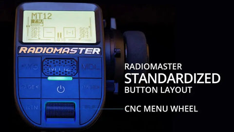 Close-up of MT12 Open Source Surface Radio With ExpressLRS Receiver displaying screen and button layout.