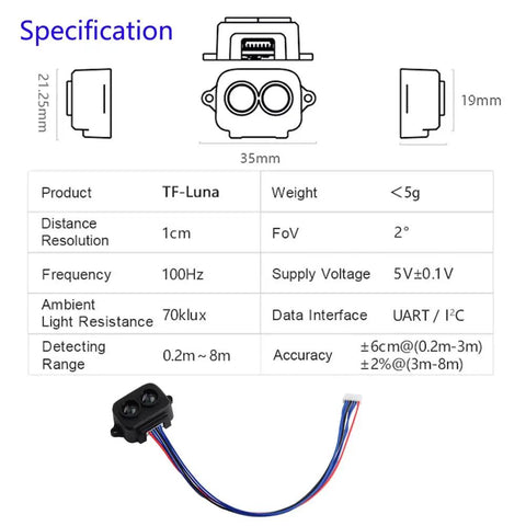 Specifications and dimensions of Dope TF-Luna LiDAR Range Finder Sensor 0.2m To 8m With 1cm Resolution For Arduino Raspberry Pi Pico Pixhawk