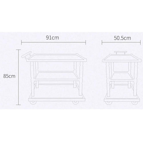 Dimensions of Heavy Duty Industrial Kitchen Bar Cart With Built In Wine Rack And Three Tier Storage Shelves, 91cm x 85cm x 50.5cm.