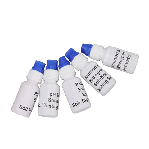 Soil Test Kit For Agriculture And Gardening Liquid pH And NPK Solution Real Time Readings bottles with blue caps.