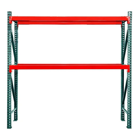 Top Shelf 48 Inch Deep By 120 Inch Wide Two Tier Pallet Rack Starter Unit With Heavy Duty Steel Frame Rust Resistant Warehouse Storage Setup No Fluff Design Built Like A Tank For Distribution Hubs And Auto Lots viewed from the front.
