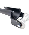 Close-up of Pro Grade Heavy Duty Cable Puller Sheave For Smooth Cable Feeding Into 3-Inch Conduit with black frame and steel pulley.