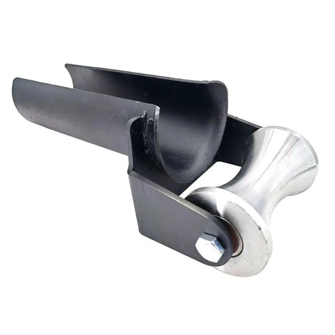Close-up of Pro Grade Heavy Duty Cable Puller Sheave For Smooth Cable Feeding Into 3-Inch Conduit with black frame and steel pulley.