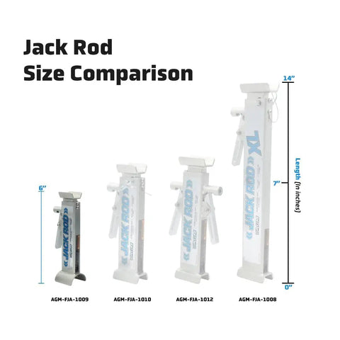 Jack rod size comparison showing four sizes, including 14 inch Locking Floor Jack Bar For 3.5 Ton Vehicles, 14 Inch Travel.